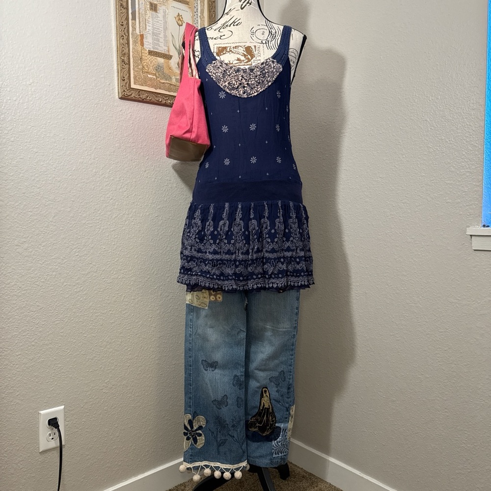 Anthropologie Free People 100% Silk Navy Floral Drop Waist Boho Mini Dress